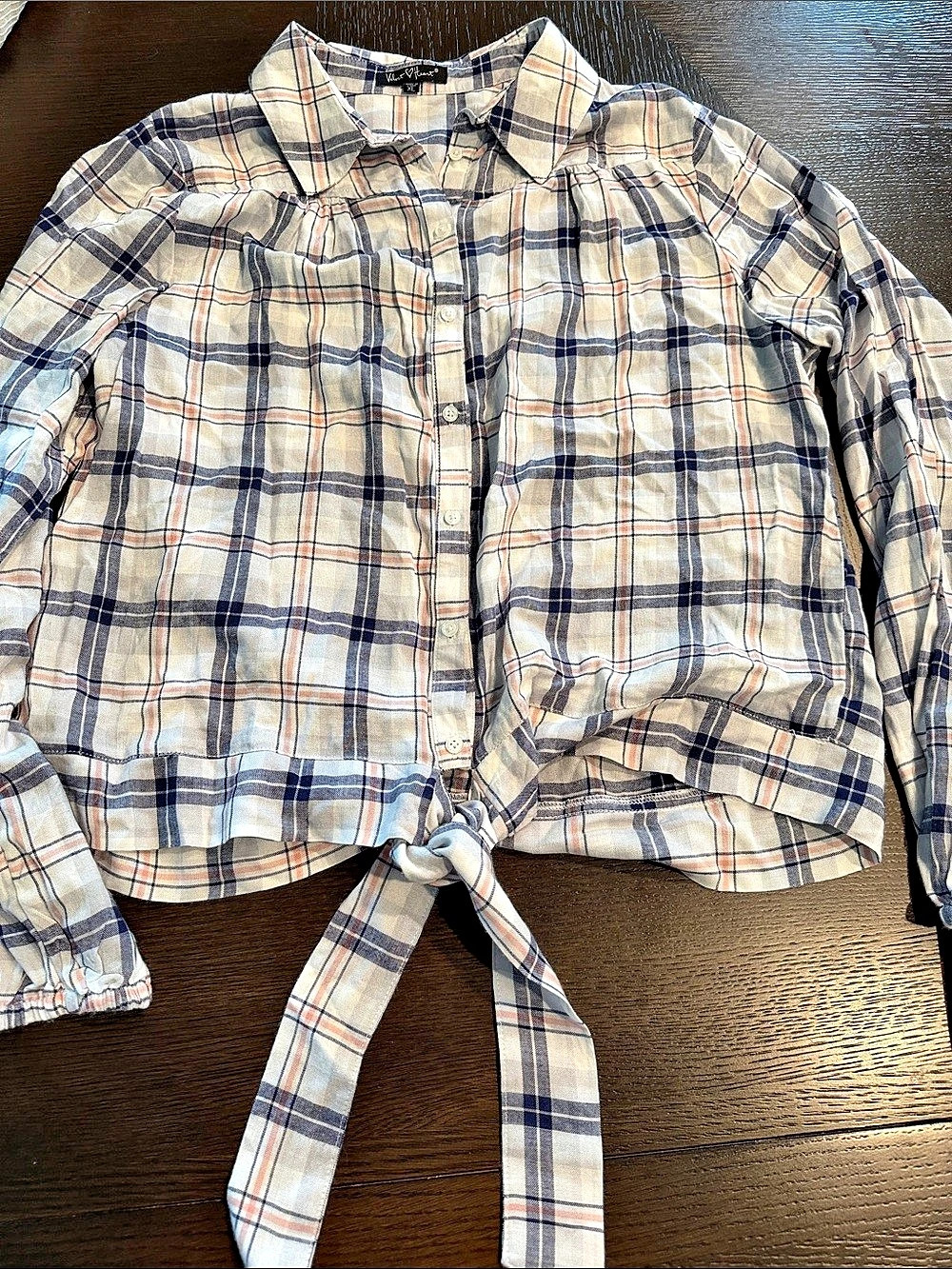 Velvet Heart Plaid Tie-Front Shirt in Cream & Blue Size XL NWT